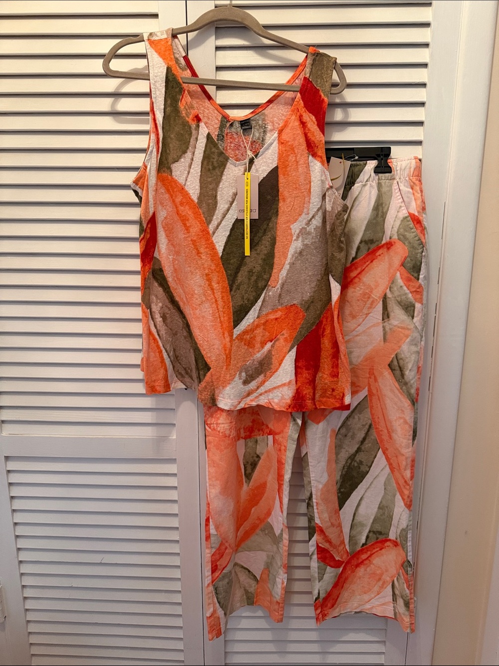 NWT  Esmara Bright Coral & Olive Leaf Print Tank and Pants Set linen blend